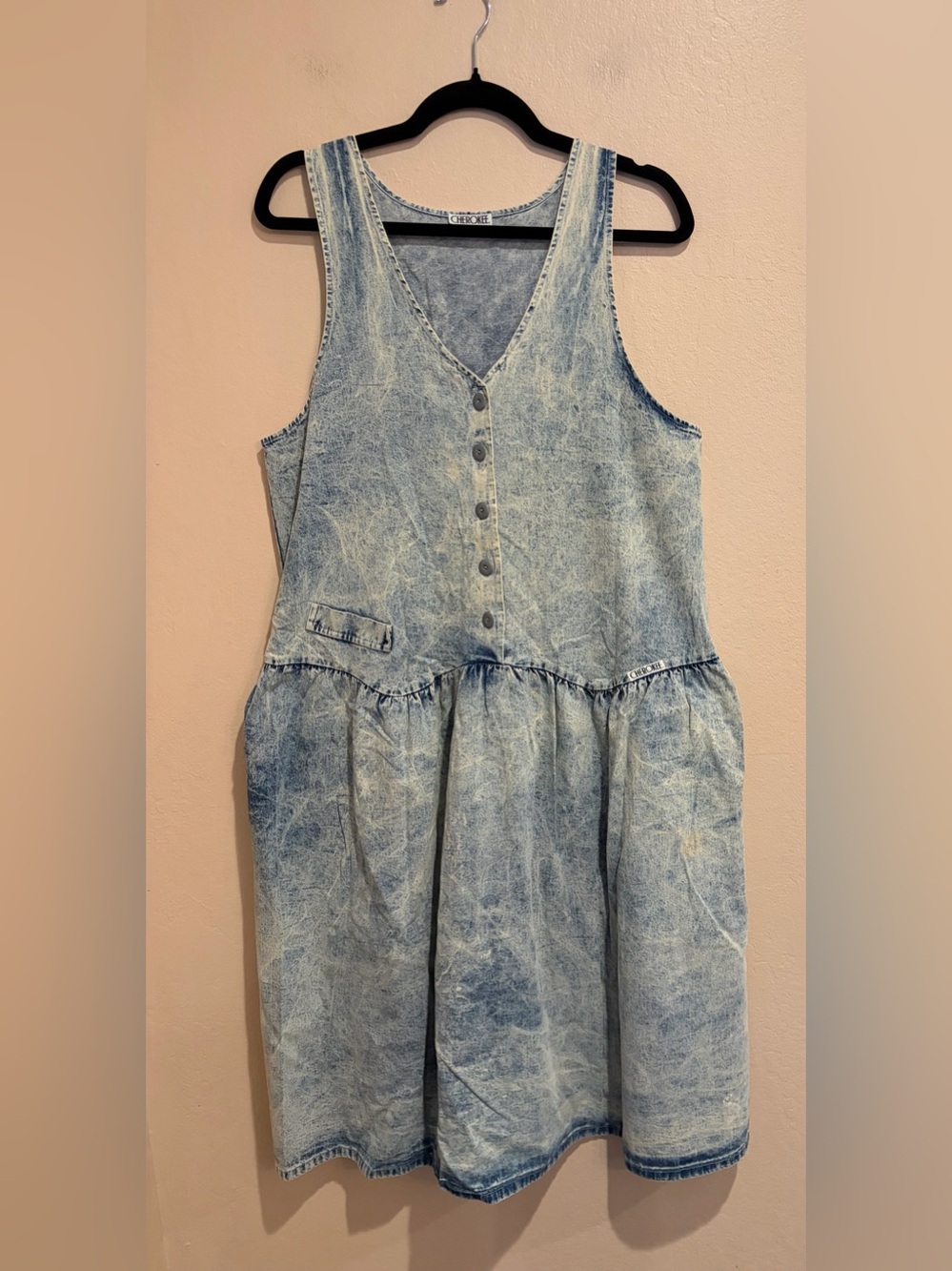 Vintage 80s Cherokee Acid Washed Denim Midi Dress, Deep V-neck, Button Front